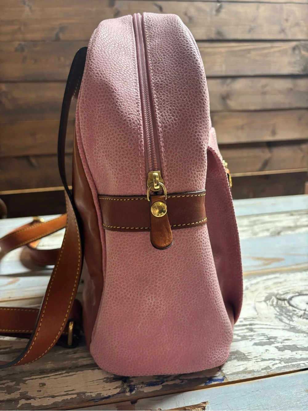 Bric’s Pink Pebbled Leather Backpack Tan Trim Adjustable Straps